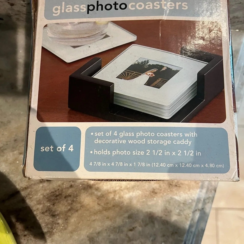 Glass Photo Coasters with Wood Caddy